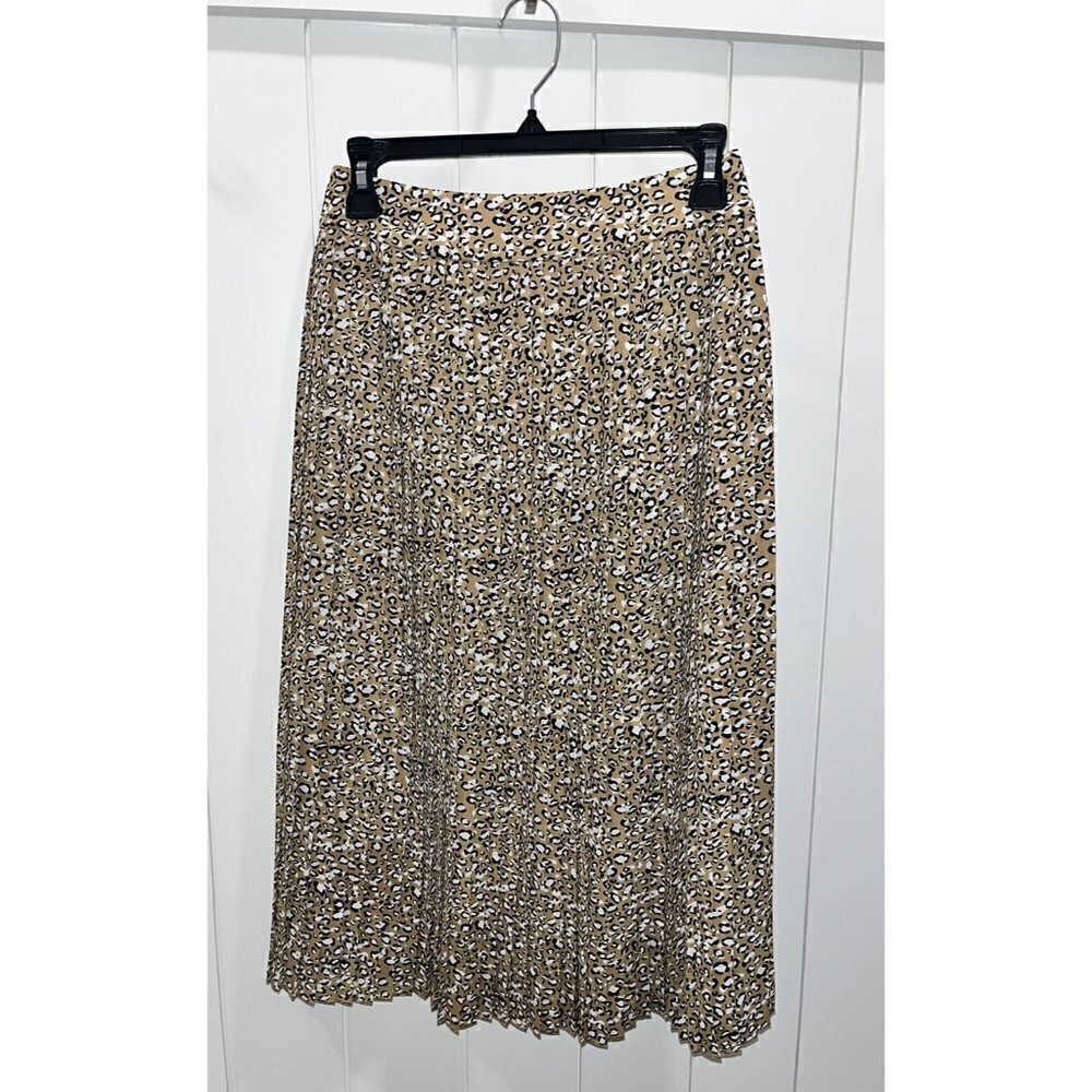 J CREW‎ Women's Size 0 Pleated Midi Skirt Animal Cheetah Print Brown Beige Lined